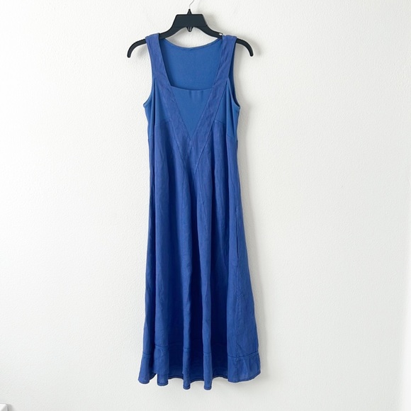 100% Linen MIDI Lagenlook Blue Sleeveless Dress - Picture 11 of 13